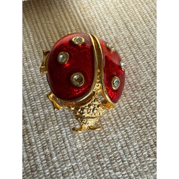 Vintage New View Gold-Tone & Red Enamel Ladybug Brooch With Rhinestone Accents - Picture 11 of 12